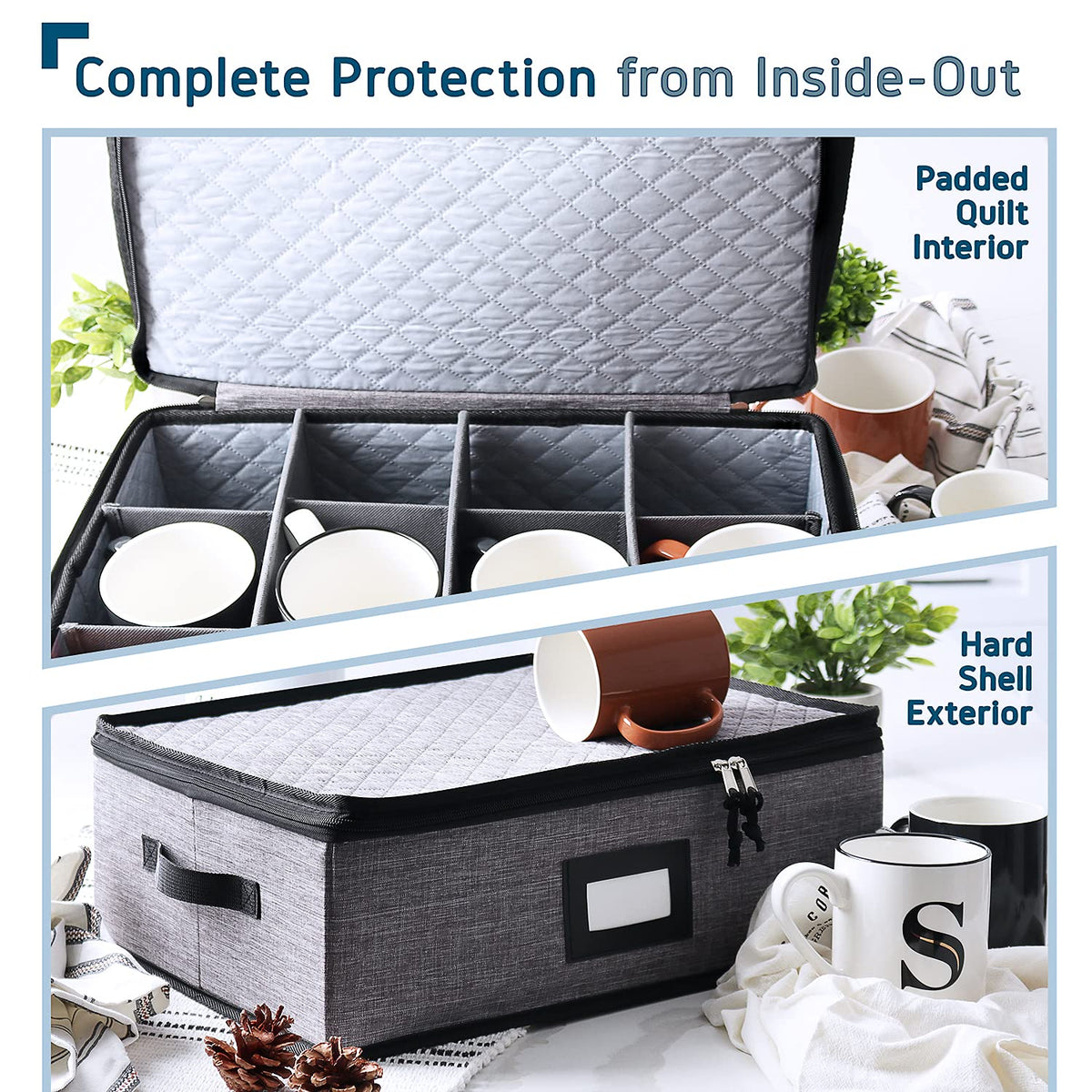 Organizador acolchado y apilable para tazas de café para servicio de 12, caja con separadores, contenedores de carcasa rígida para tazas de porcelana para almacenamiento para mudanza o estacional