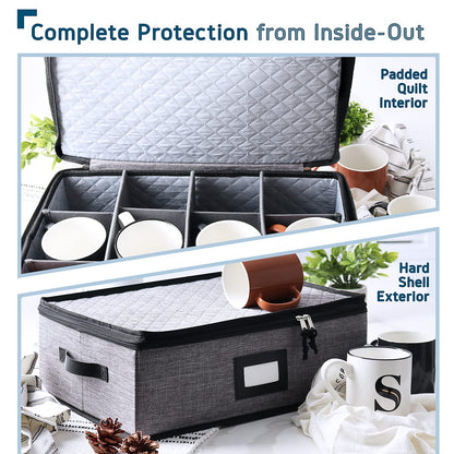 Organizador acolchado y apilable para tazas de café para servicio de 12, caja con separadores, contenedores de carcasa rígida para tazas de porcelana para almacenamiento para mudanza o estacional