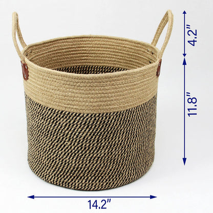 Casaphoria Cesta grande de yute tejida con asas, cesta de yute natural para ropa, manta para decoración del hogar, 14 x 14 x 12 pulgadas, paquete de 1, negro y yute