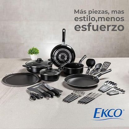 Ekco | Batería de Cocina 32 Piezas de Aluminio Antiadherente Negro | Antiadherente, fácil limpieza, tapas vidrio, utensilios nylon, comida saludable, calor uniforme, libre PFOA, certificado NOM