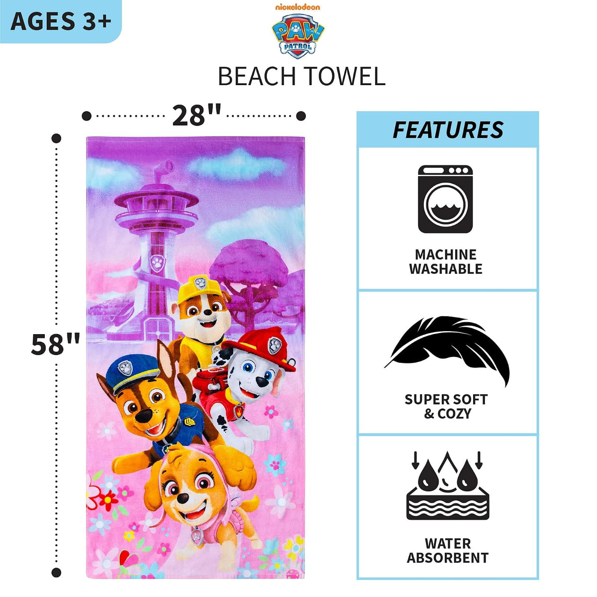 Franco Kids - Toalla de baño de algodón súper Suave para niños, 58 x 28 Pulgadas, Patrulla Canina para niñas