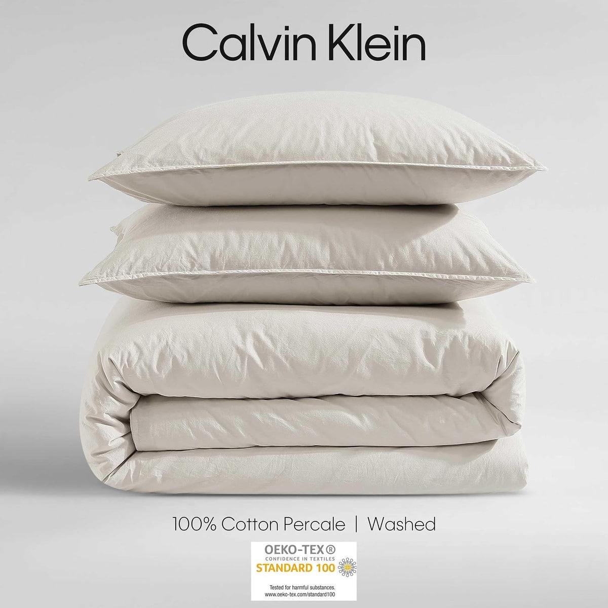Calvin Klein - Juego de Funda de edredón de algodón Moderno, Ropa de Cama de percal Lavado con Fundas a Juego, decoración acogedora del hogar, Certificado Oeko-Tex (percal Lavado, Beige Claro, Queen)