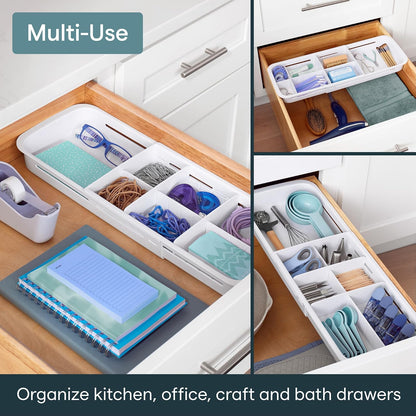 YouCopia DrawerFit - Bandeja deslizante para cajones con divisores ajustables, organizador de almacenamiento de cocina ampliable, color blanco moteado