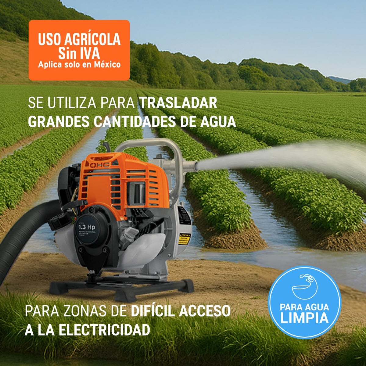 Truper MOTB-14, Motobomba autocebante motor de 4 tiempos a gasolina conexiones 1" x 1" potencia 1.3 HP uso agrícola