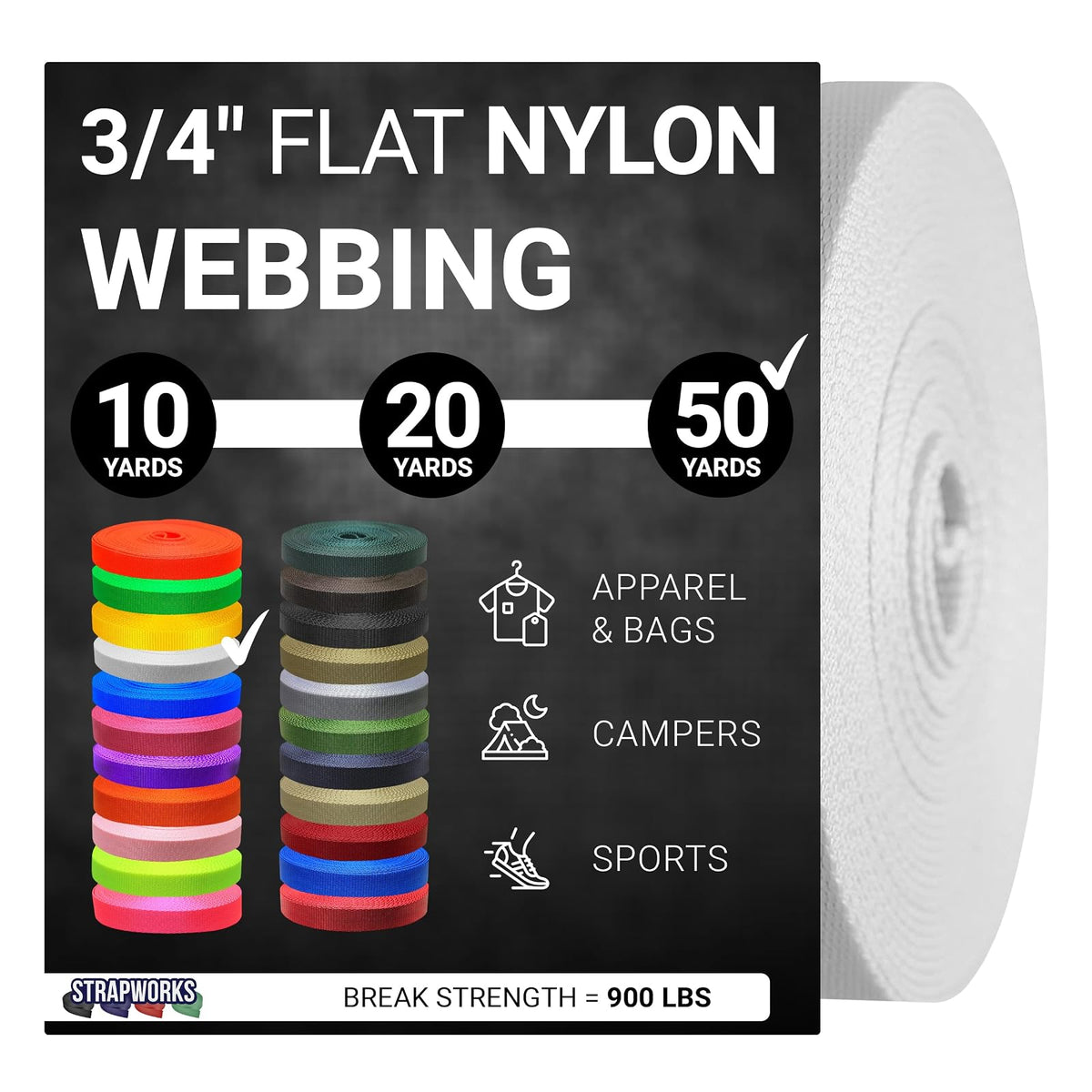 Strapworks Correa de Nylon Plana para Manualidades y Correas - 3 - 4" x 50 yard - Blanco