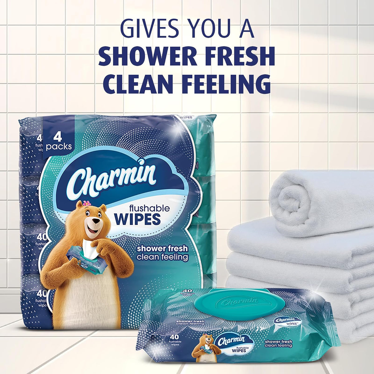 Charmin Flushable Wipes, 4 packs of 40 Flushable Wipes, 160 Total Wipes (Packaging May Vary)