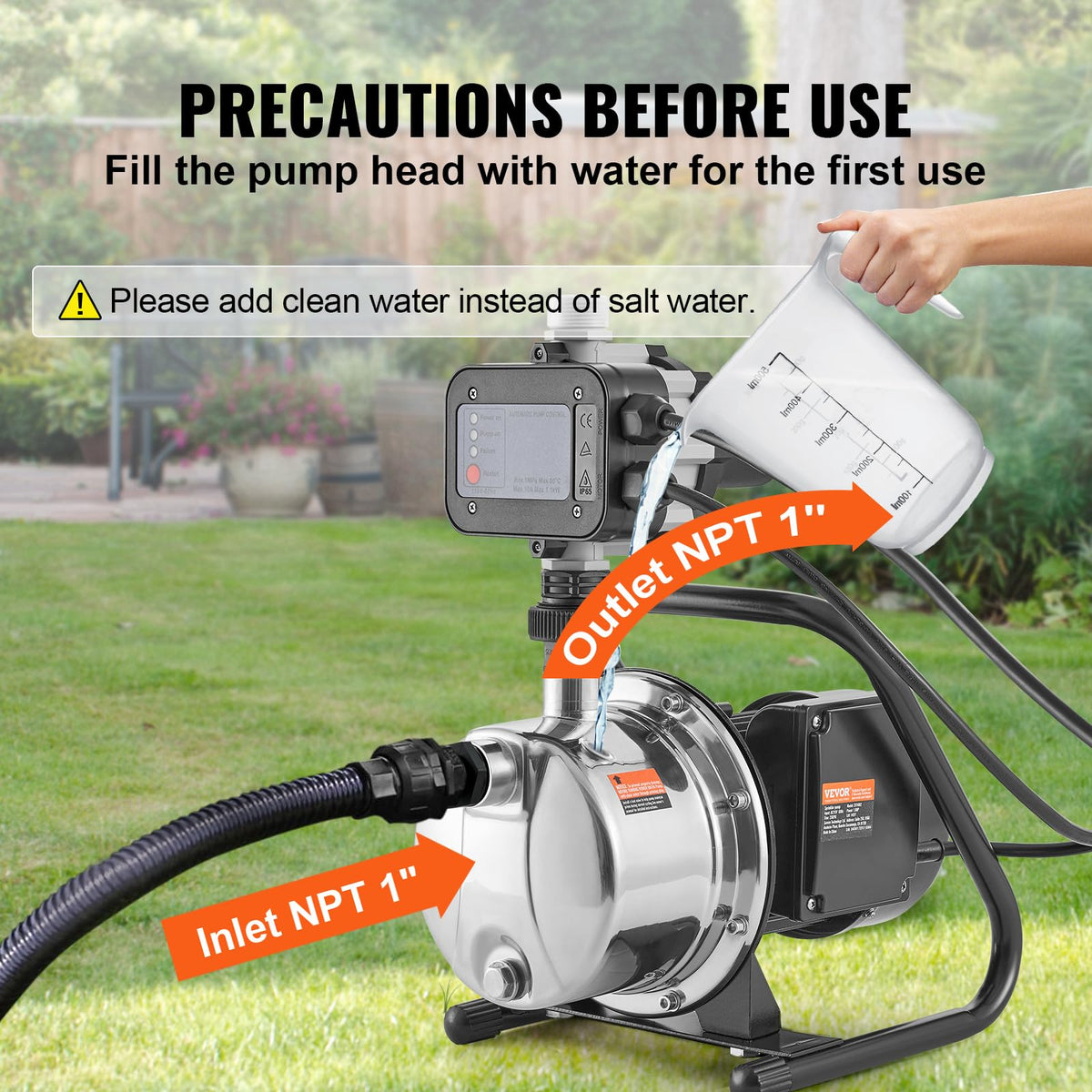 VEVOR Bomba de pozo poco profundo portátil de 1 CV, bomba de chorro de jardín de 1380 GPH con driver automático, bombas de refuerzo de aspersor de acero inoxidable de 150 pies, para sistema de riego