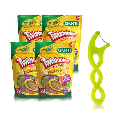 GUM Crayola Twistables Flossers Niños Fluoruro 90 U | Sandía, uva, manzana, 3 sabores, fluoruro, mango ergonómico