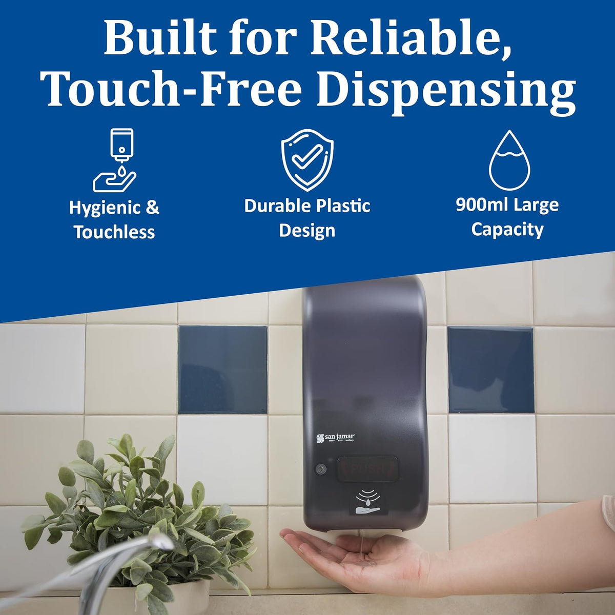 San Jamar Classic Rely - Dispensador de jabón electrónico híbrido de líquido y loción, dispensador de desinfectante de Manos para baño, Cocina, baños y restaurantes, plástico, 900 ml, Perla Negra