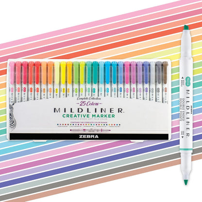 Zebra - Juego de iluminadores de doble punta Pen Mildliner, puntas anchas y finas, varios colores de tinta, paquete de 25 (78525)