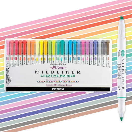Zebra - Juego de iluminadores de doble punta Pen Mildliner, puntas anchas y finas, varios colores de tinta, paquete de 25 (78525)
