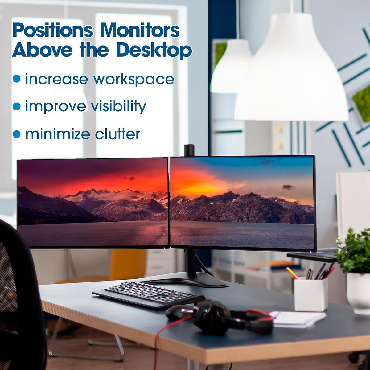 Manhattan Soporte para 2 Monitores de 13 a 32 Pulgadas Brazo Doble Articulado VESA para Escritorio Base de Monitor Ajustable, Pantalla Vertical, Accesorios para PC y Oficina 461559
