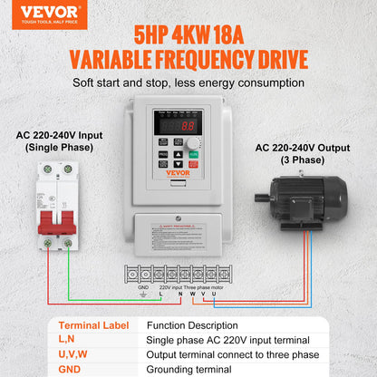 VEVOR VFD 5HP, 4KW, 18A, 1 fase 220V-240V entrada a 3 fases 220V-240V salida variable, 0-400Hz VFD para control de velocidad del motor de CA