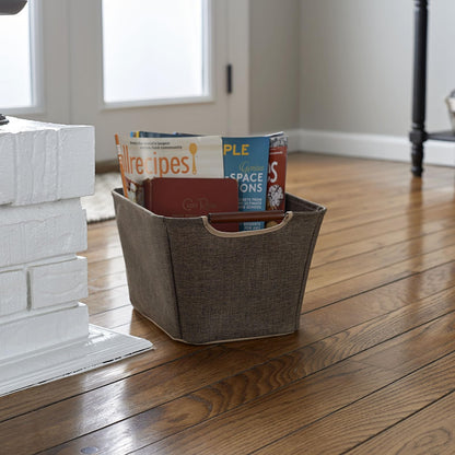 Household Essentials Small Tapered Storage Bin with Wood Handles, Coffee Linen