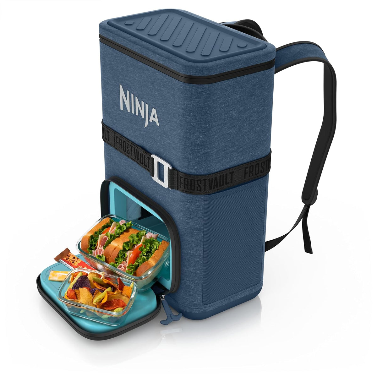 Ninja FrostVault Go - Enfriador Suave para latas de 24/36, a Prueba de Fugas, Soporte Integrado para Tazas, 2 Paquetes de Hielo y cajón de Almacenamiento en seco, Aislamiento de poliéster, Senderismo - Azul - 24 latas