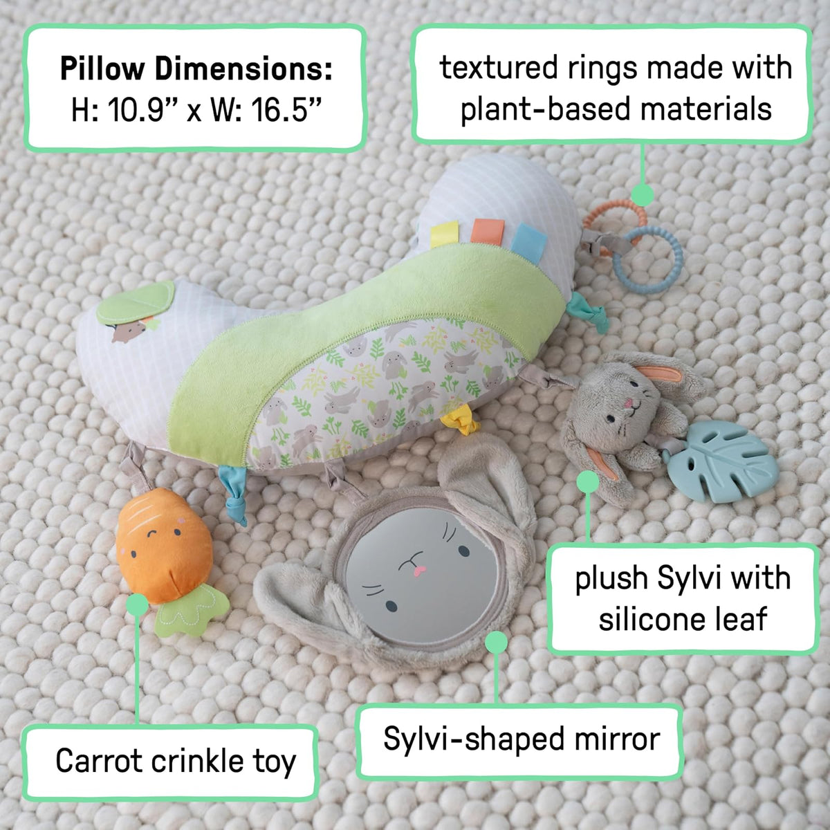 Ingenuity Cojín para el Juego Boca Abajo Cozy Prop Sylvi, Multisensorial, 4 Juguetes Desmontables, a Partir de Recién Nacidos - Conejito de Peluche