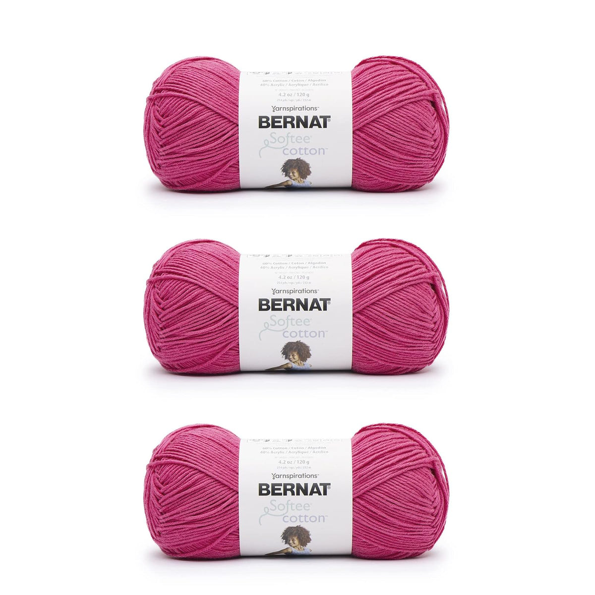 Bernat Softee Cotton, Hilo de Algodón y Acrílico Peso DK - Fucsia - Paquete de 3