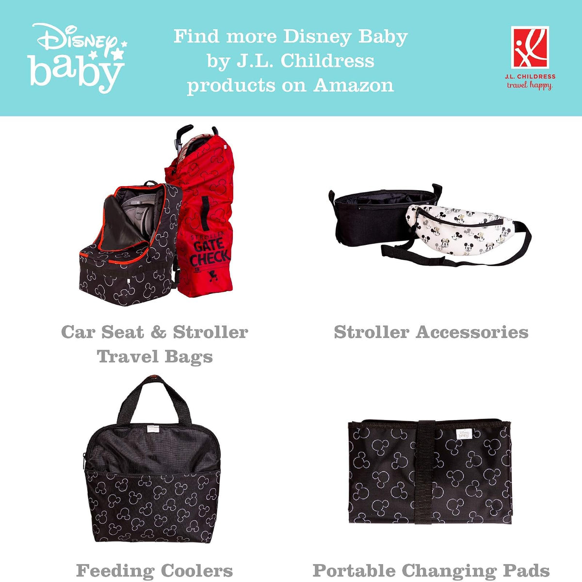 Disney Baby by J.L. Childress - Red de carga lateral, organizador y almacenamiento de carriola, color negro Mickey