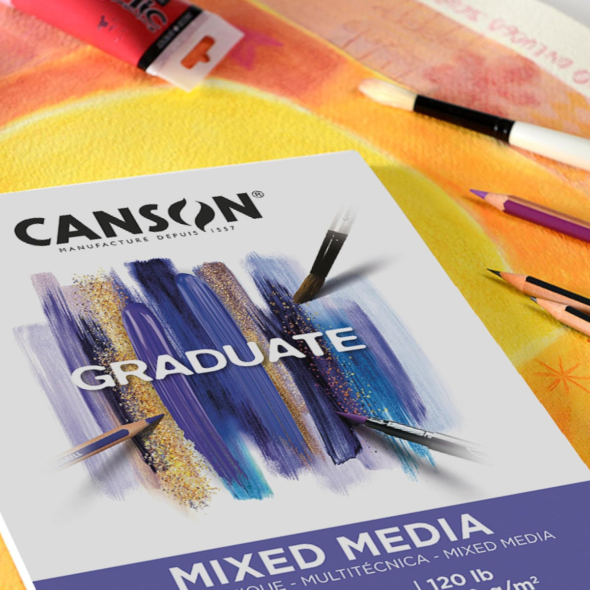 Canson Graduate - Bloc de papel mixto de 28 x 35 cm | Almohadilla plegable, 20 hojas (120 lb/200 g) de papel de artista para adultos y estudiantes, para acuarelas, marcadores