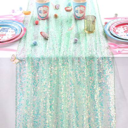 QueenDream Camino de Mesa Verde, 3 Unidades, Iridiscente Brillante, 25 x 120 Pulgadas, decoración de Fiesta de cumpleaños con temática de Sirena