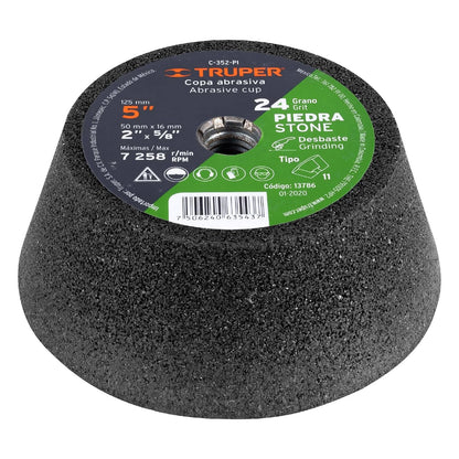 Truper C-352-PI, Copa para desbaste de piedra 5", carburo de silicio, grano 24, acabado burdo, 5/8-11 - M16 - Grano 24
