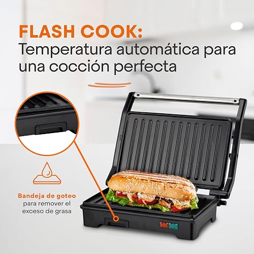 Hukën x MasterChef | Parrilla Eléctrica Multifuncional | Panini GRILL+ 2 Rebanadas | Apertura 180° | Antiadherente de Alto Nivel | Calentamiento Rápido | Temperatura Automática | Acero Inoxidable