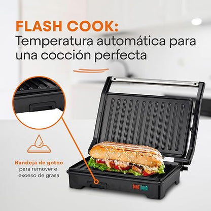 Hukën x MasterChef | Parrilla Eléctrica Multifuncional | Panini GRILL+ 2 Rebanadas | Apertura 180° | Antiadherente de Alto Nivel | Calentamiento Rápido | Temperatura Automática | Acero Inoxidable
