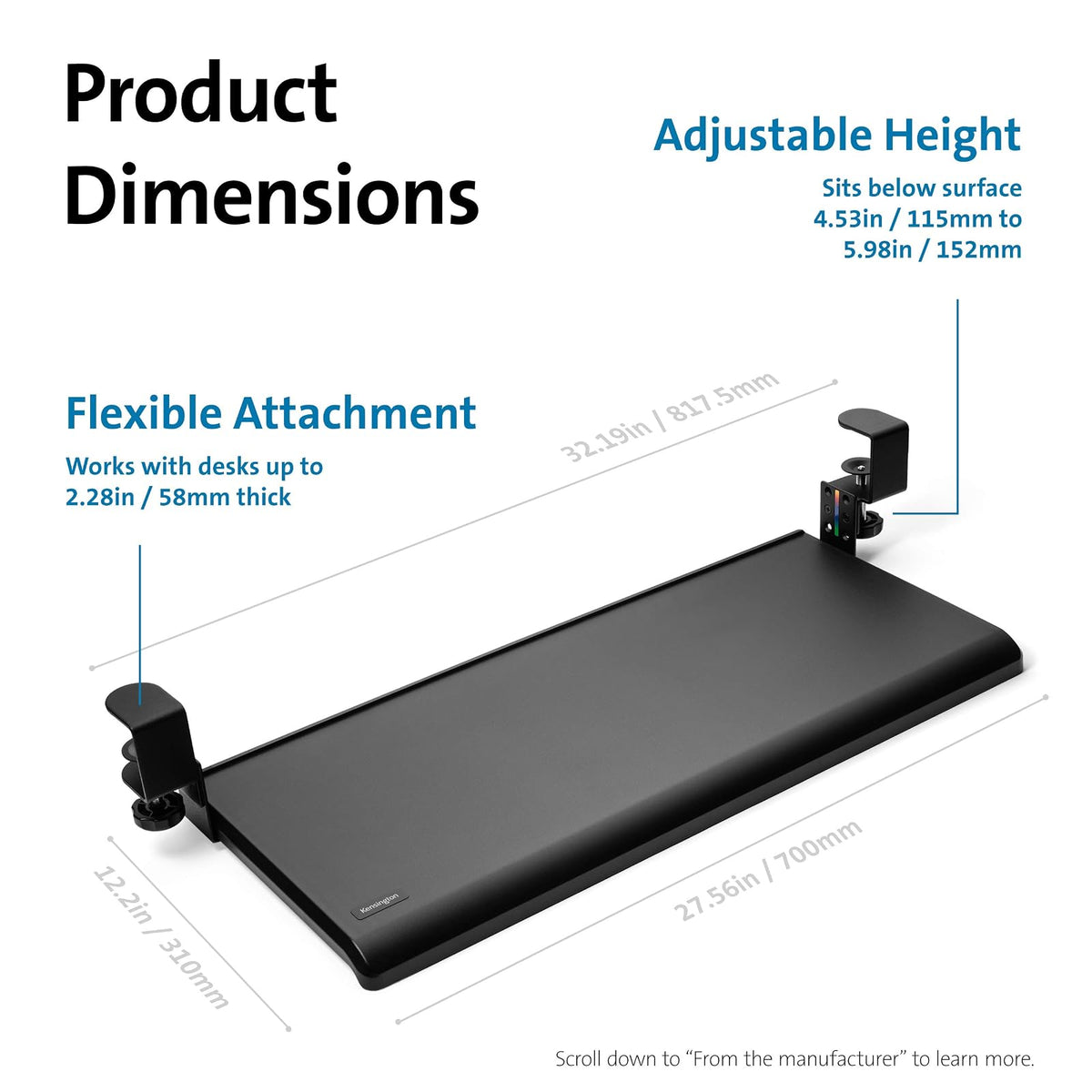 Kensington SmartFit - Cajón para Teclado con Abrazadera, Color Negro, 13.3 x 32.5 x 2.4 Pulgadas