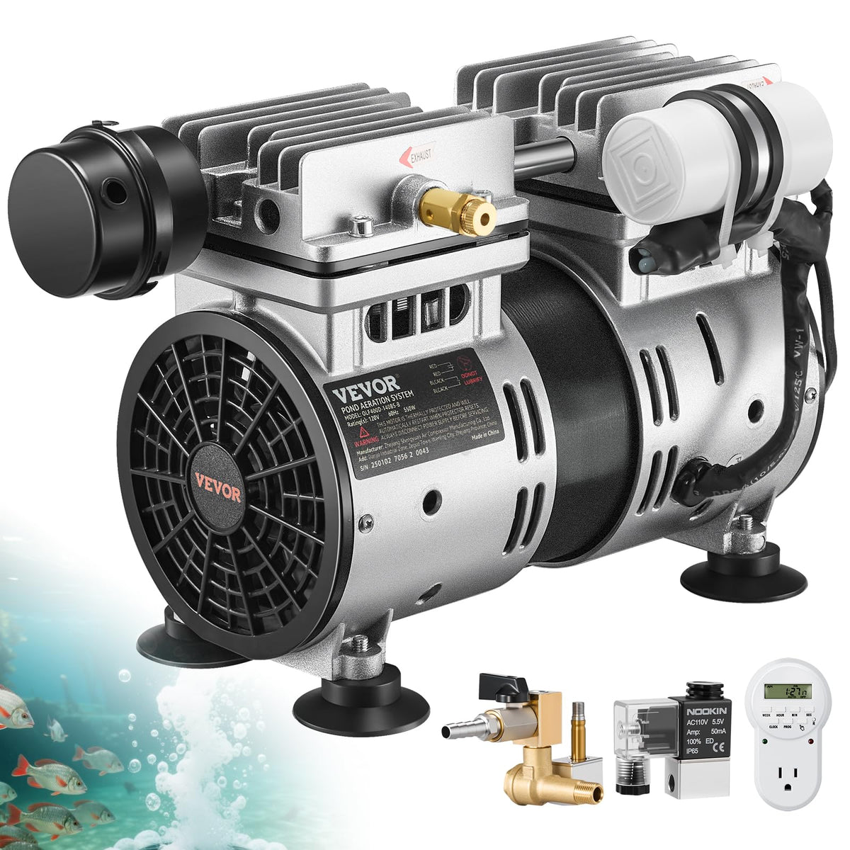 VEVOR Aireador de Estanque, 550 W, 5,2 CFM para Un Lago de hasta 3 Acres, Incluye Compresor de 3/4 HP, Temporizador y Válvulas, para Circulación de Oxígeno en Aguas Profundas, 25,5 x 16 x 21,5 cm