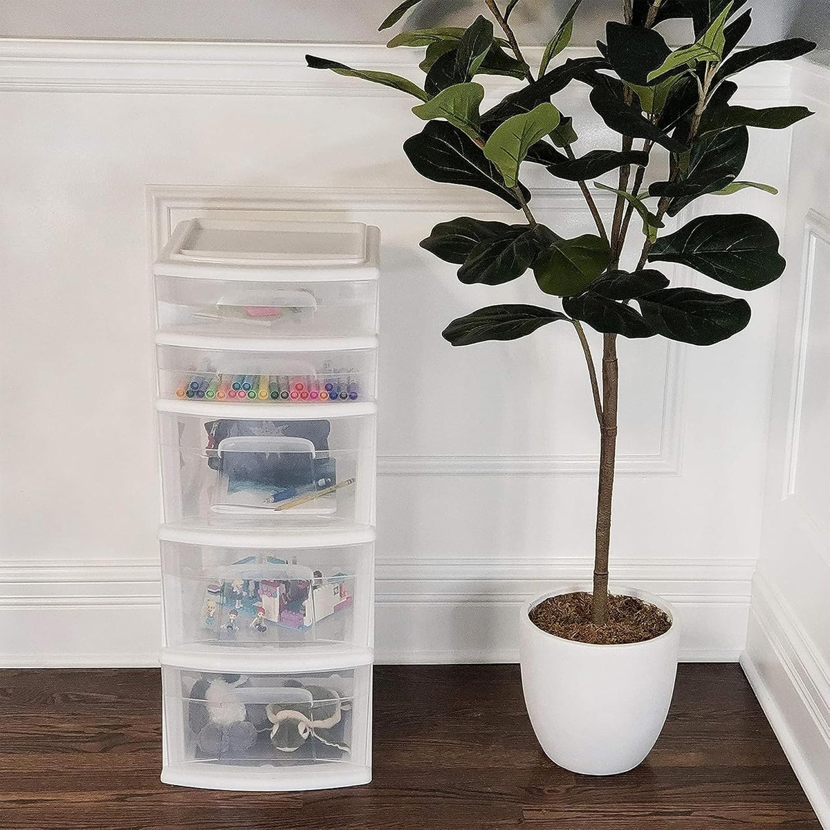 HOMZ Plastic 5 Drawer Medium Storage Tower, White Frame, Clear Drawers, Set of 2