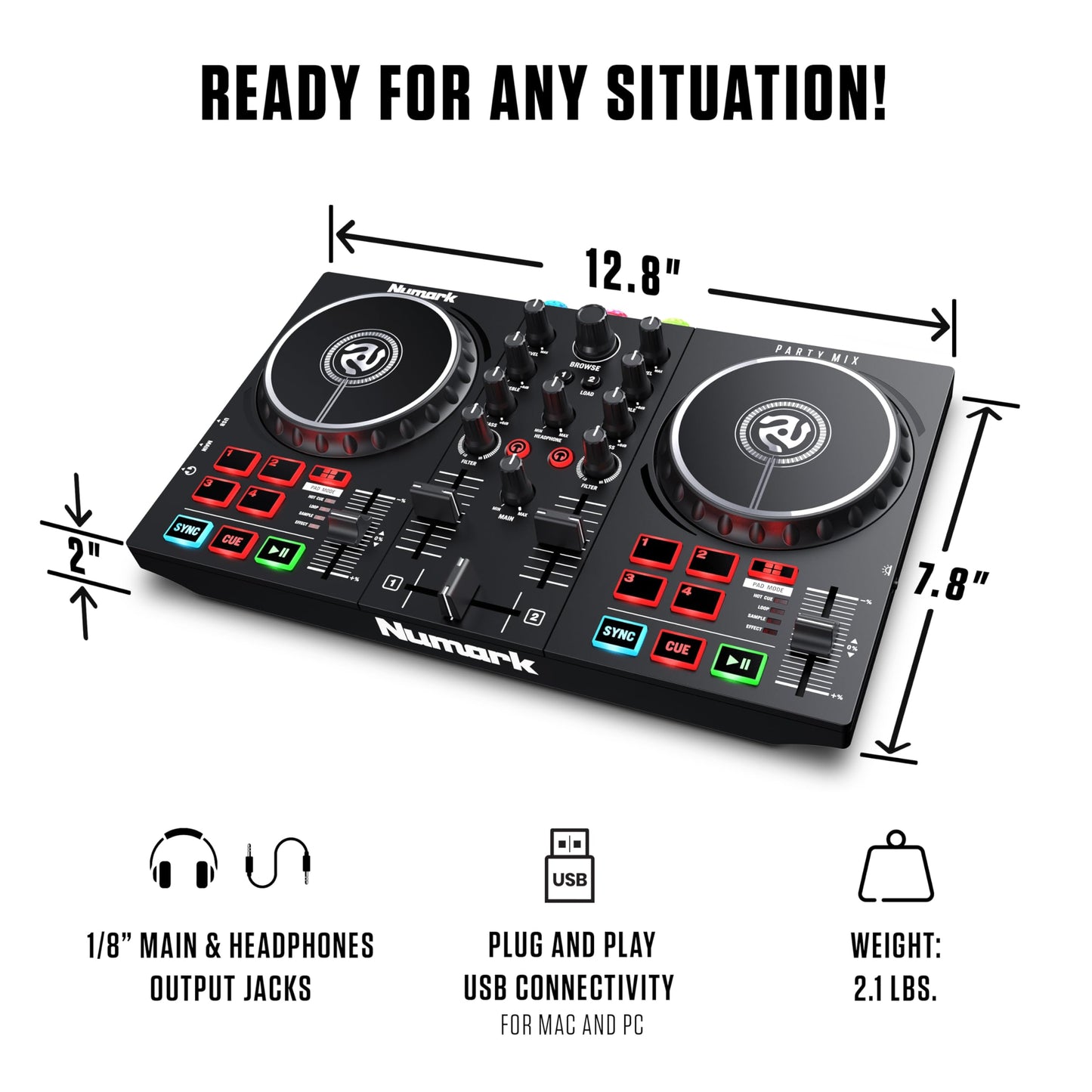 Numark Party Mix II - Controlador DJ con 2 decks y luces integradas, interfaz de audio, mezcladora DJ para Serato DJ Lite y Algoriddim djay Pro AI