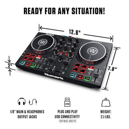 Numark Party Mix II - Controlador DJ con 2 decks y luces integradas, interfaz de audio, mezcladora DJ para Serato DJ Lite y Algoriddim djay Pro AI