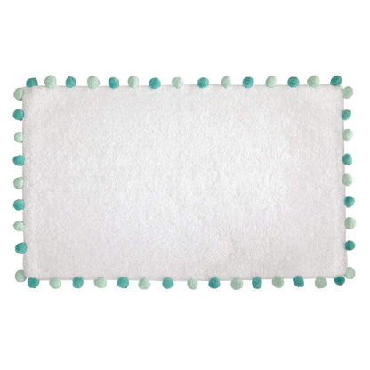 iDesign Pom Cotton Bath Mat, Shower Accent Rug for Master, Guest, and Kids' Bathroom, 21" x 34", White and Blue