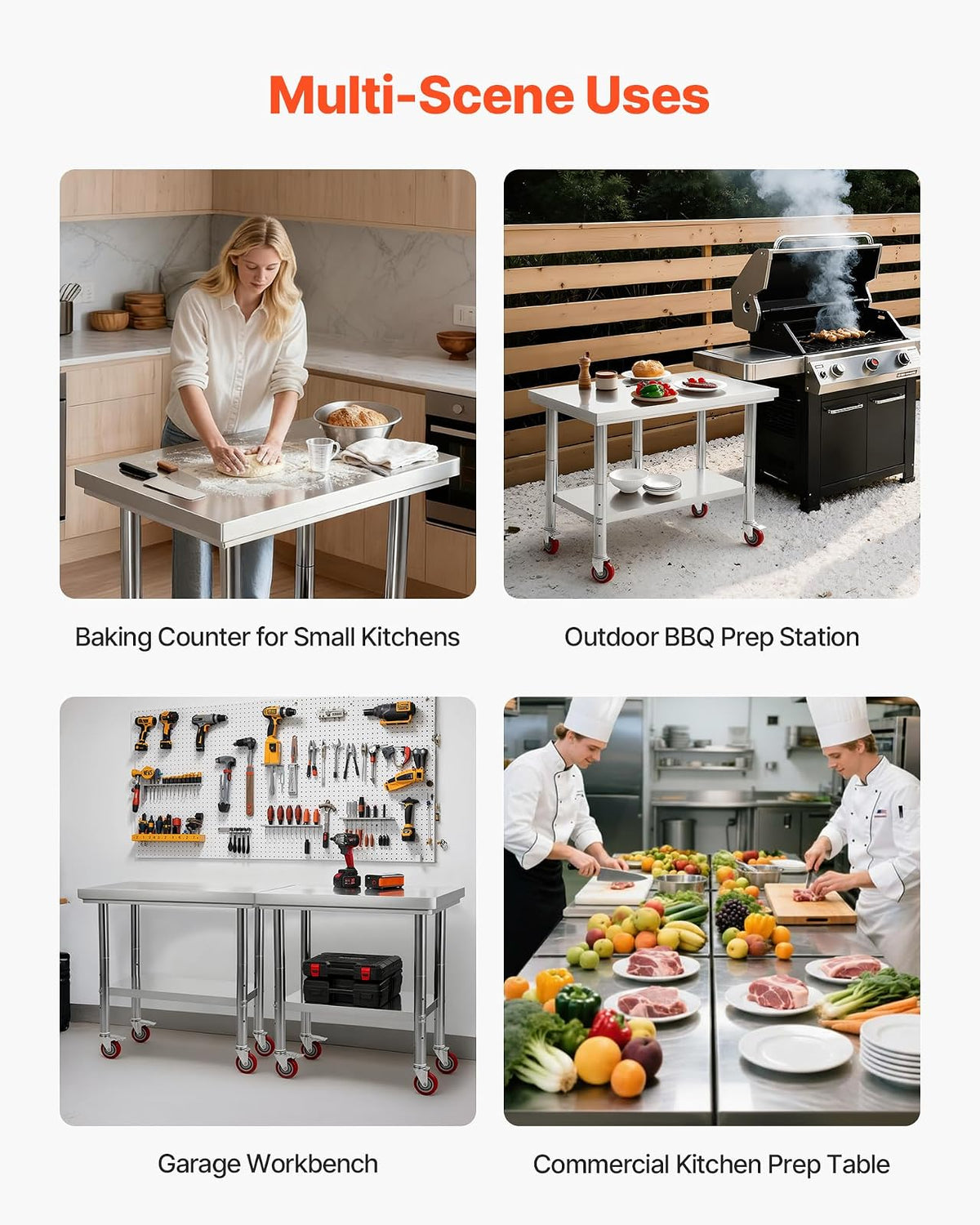 VEVOR Mesa de Trabajo de Acero Inoxidable, Mesa de Preparación con 4 Ruedas, Estantería de Trabajo de Preparación de Alimentos con Estantes Ajustables para Cocina, Garaje, Taller, 90 x 60 x 85 cm