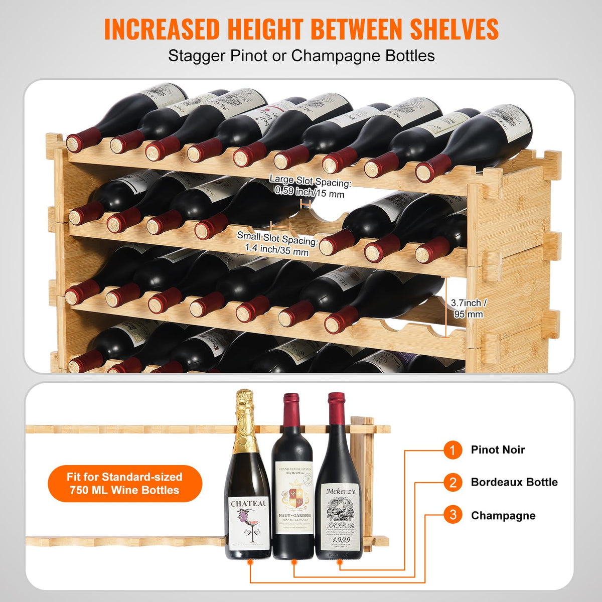 VEVOR Botellero Apilable de Vino 36 Botellas Estante de Almacenamiento de Bambú 850x250x525 mm Botellero Independiente de 4 Niveles Estantes sin Sacudidas para Cocina, Bar, Bodega, Color Natural