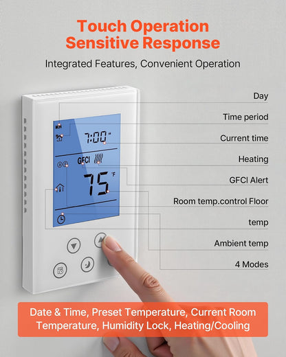 VEVOR Termostato programable de 7 días para calefacción por Suelo Radiante, Bomba de Calor, GFCI Integrado y Sensor Sensible, Pantalla LED retroiluminada, de bajo Consumo, Color Blanco.