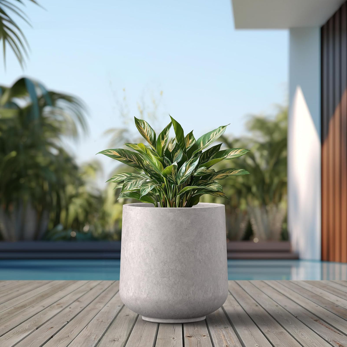 Kante - Macetero Redondo de hormigón de 15.3 Pulgadas de diámetro, para Interiores y Exteriores, con Orificio de Drenaje y tapón de Goma para el hogar, jardín, Patio, Gris Claro