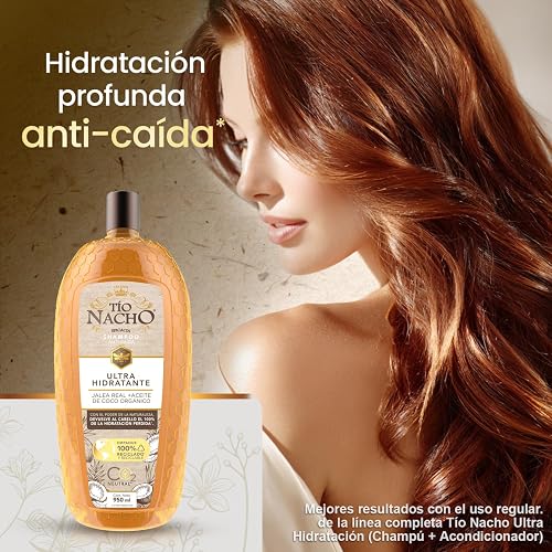 TIO NACHO - Shampoo Ultra Hidratante. Devuelve al cabello el 100% de hidratación, con jalea real y aceite de coco orgánico. Empaque 100% reciclado, botella con 950ml