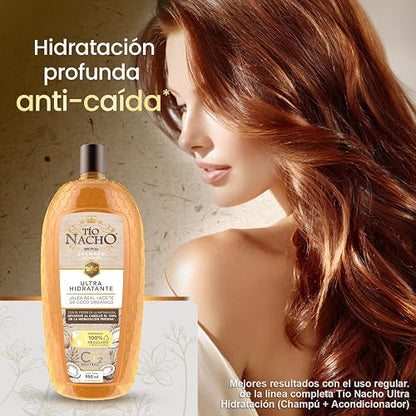 TIO NACHO - Shampoo Ultra Hidratante. Devuelve al cabello el 100% de hidratación, con jalea real y aceite de coco orgánico. Empaque 100% reciclado, botella con 950ml