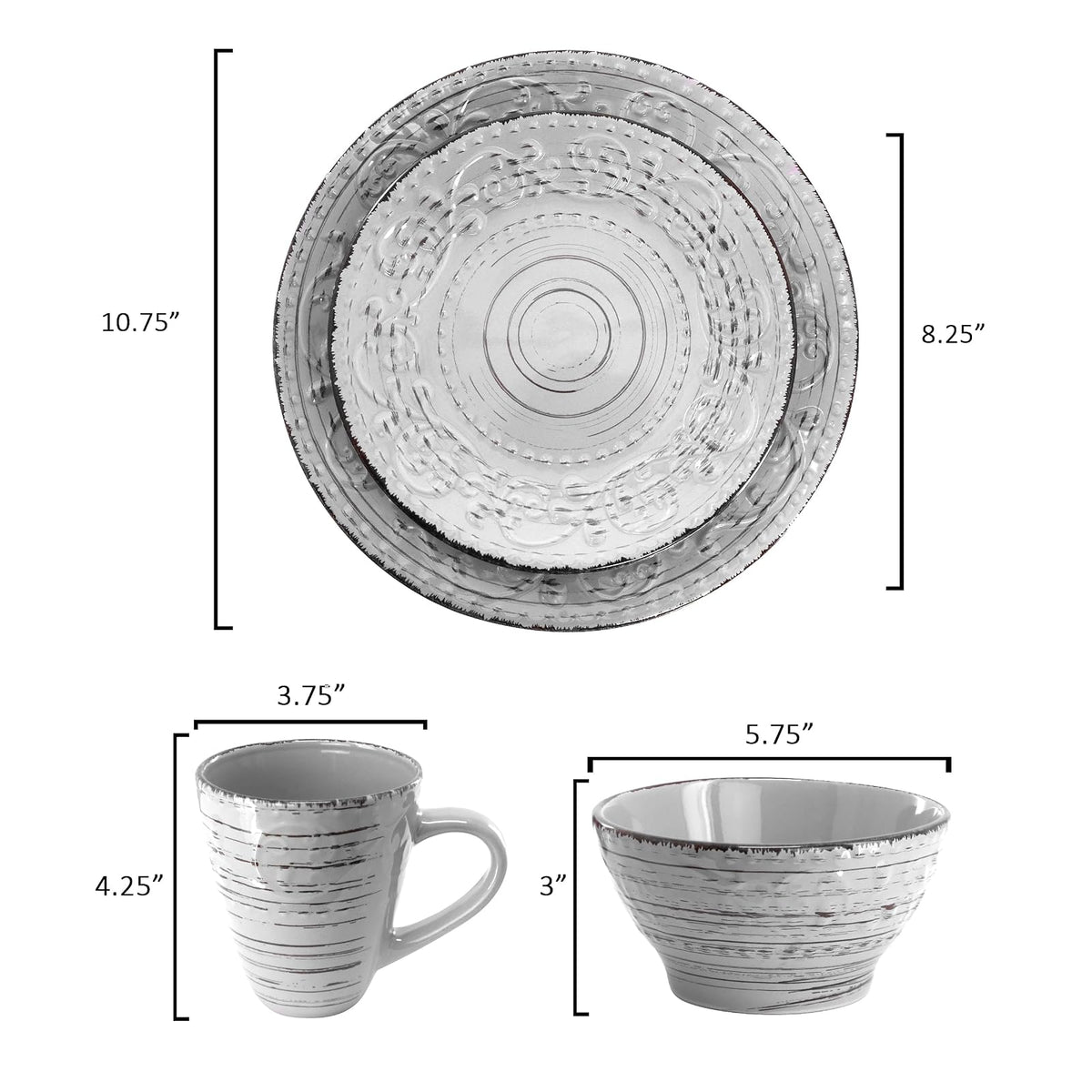 Elama Malibu Calcita - Juego de vajilla de 16 piezas de gres en relieve, esmalte reactivo, color gris claro, vajilla, juego de vajilla (gris calcita)