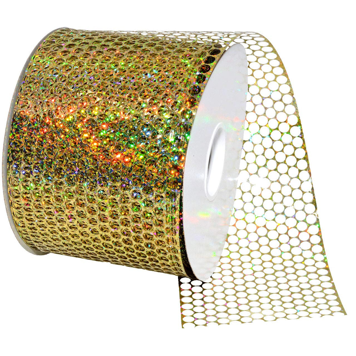 Morex Ribbon Cinta Decorativa con Puntos, 3.25 Pulgadas x 50 Yardas - 3.25" by 50 Yds - Oro holográfico