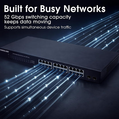 Switch Ethernet 24 Puertos Gigabit con 2 SFP, Conmutador de Red 10/100/1000 para Rack 19 Pulgadas, Network Switch para Servidor, Router, 52 Gbps Intellinet 561044