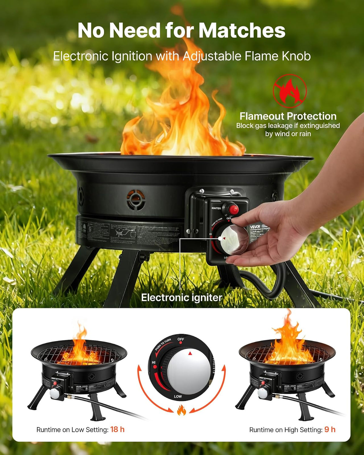 VEVOR Fogón de propano de 24 Pulgadas, fogón de Gas portátil de 53 000 BTU, con Parrilla y Rocas volcánicas, Llama Ajustable, Patas Plegables, fogón Exterior sin Humo para acampadas, Patios, Jardines