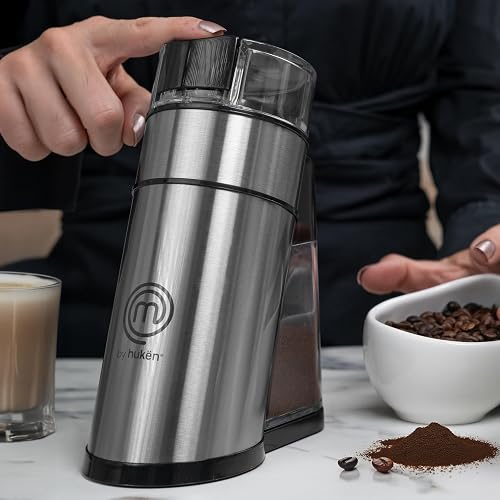 Hukën x MasterChef | Molino de Café Eléctrico Premium Grind+ 50 g | Depósito Desmontable | Molienda por Botón | Cuerpo y Aspas de Acero Inoxidable | Motor 150 W | Compacto y Potente