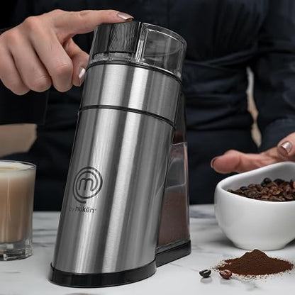 Hukën x MasterChef | Molino de Café Eléctrico Premium Grind+ 50 g | Depósito Desmontable | Molienda por Botón | Cuerpo y Aspas de Acero Inoxidable | Motor 150 W | Compacto y Potente