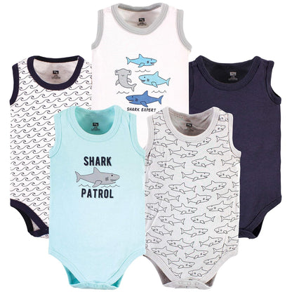 Hudson Baby Body Unisex sin Mangas para Bebé, Paquete de 5, Algodón - 12-18 Meses - Shark Patrol