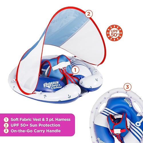 SwimSchool Freestyle - Flotador de piscina para bebé con múltiples posiciones, asiento de seguridad ajustable, natación última intervensión, doble cámara de aire, rojo, blanco, azul náutico