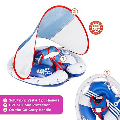 SwimSchool Freestyle - Flotador de piscina para bebé con múltiples posiciones, asiento de seguridad ajustable, natación última intervensión, doble cámara de aire, rojo, blanco, azul náutico