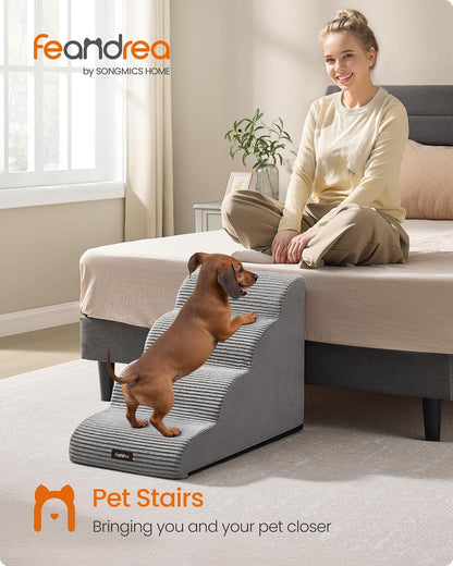 Feandrea Escalera para Perros de 4 Peldaños, Antideslizante, 72x40x50cm | Cubierta Lavable Extraíble, para Cama, Sofá, Gris, Colección BADDI MPPS004G01