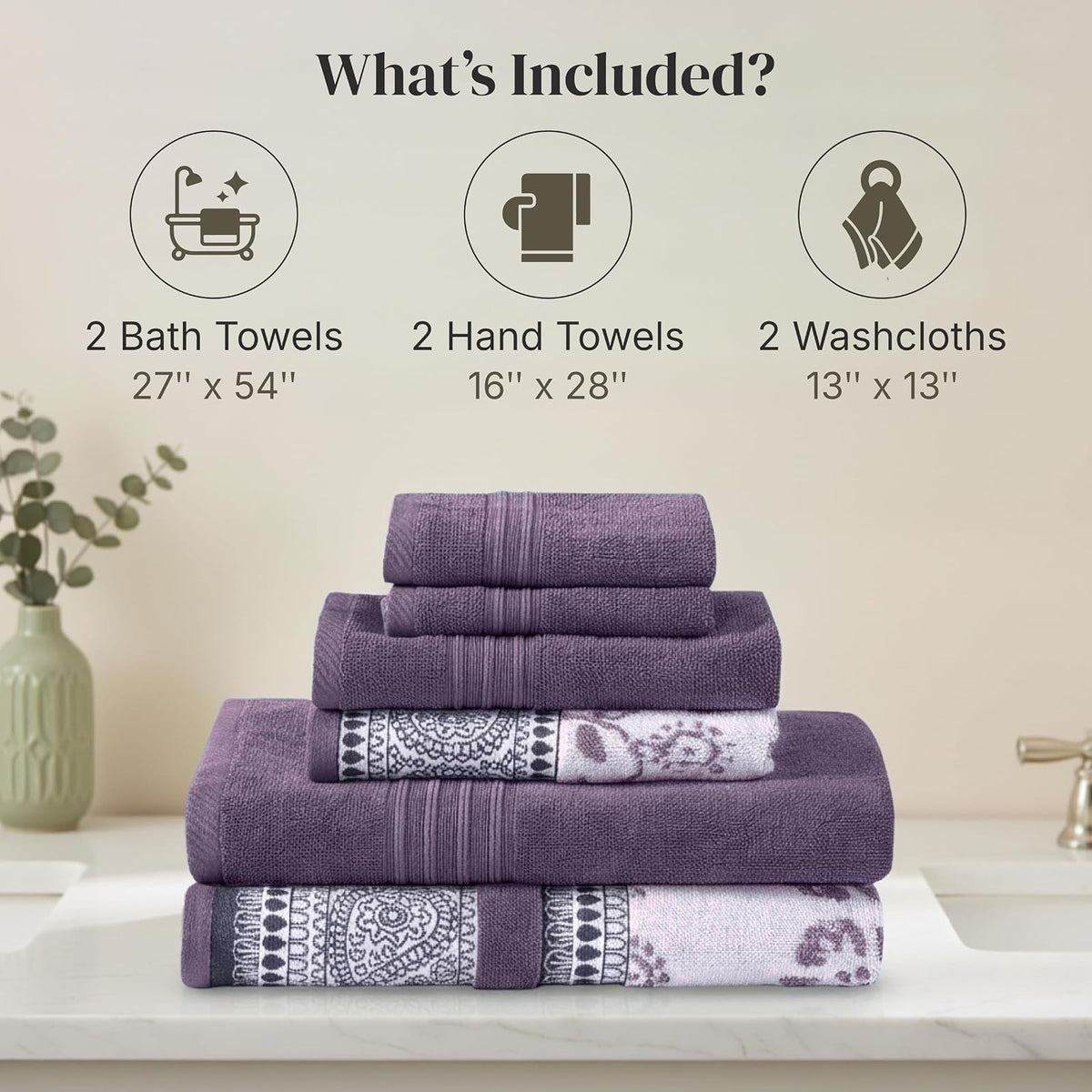 Modern Threads - Juego de 6 Piezas, 2 Toallas de baño, 2 Toallas de Mano, 2 paños de baño teñidos de Jacquard/Toallas sólidas, Ofelia orquídea